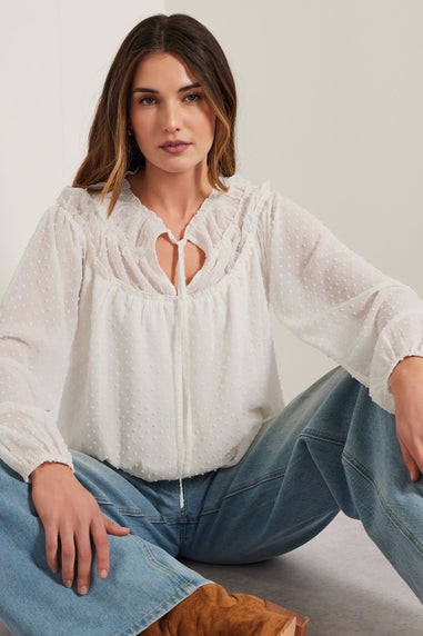 LTS Tall Ivory White Sheer Dobby Tie Neck Blouse