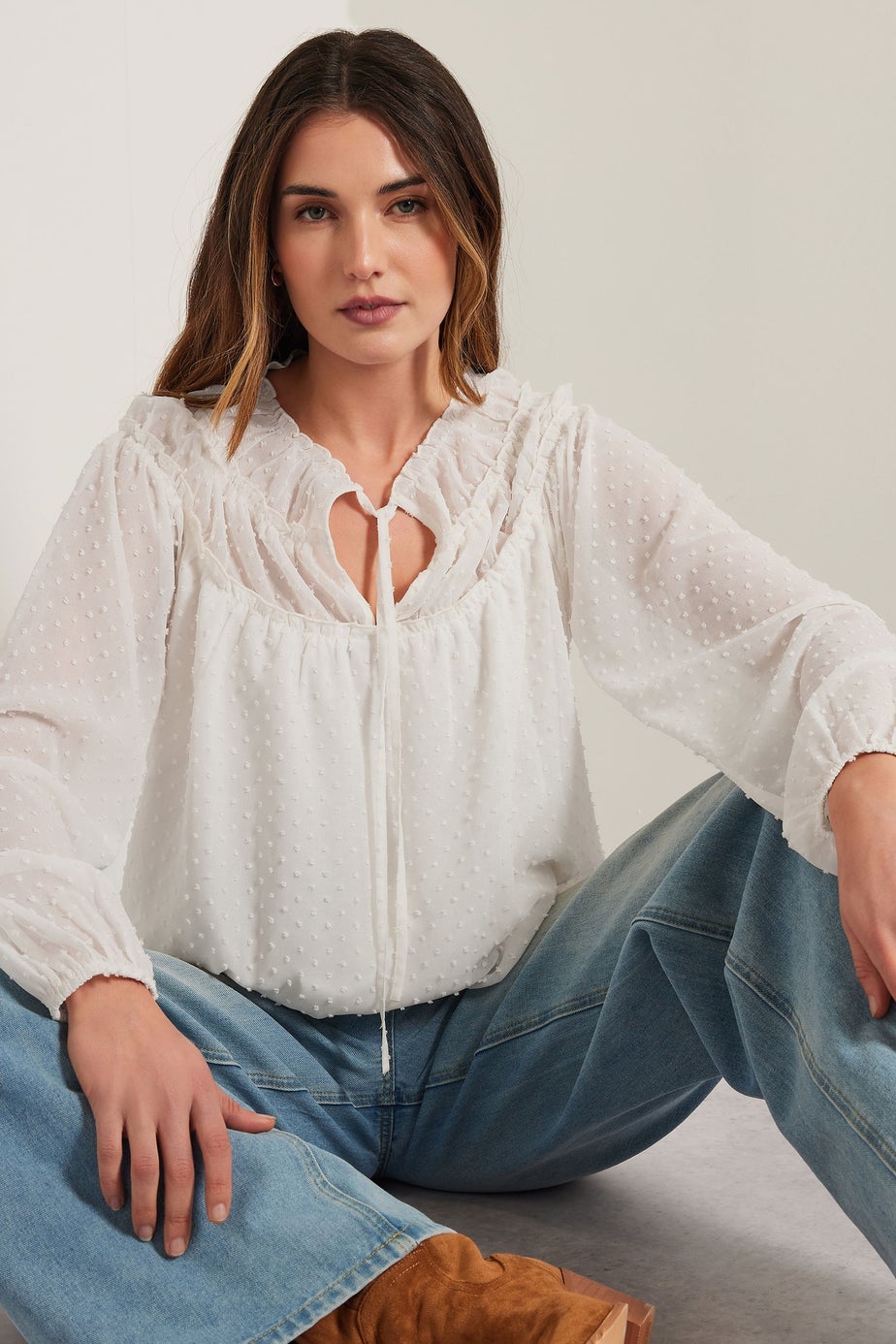 LTS Tall Ivory White Sheer Dobby Tie Neck Blouse