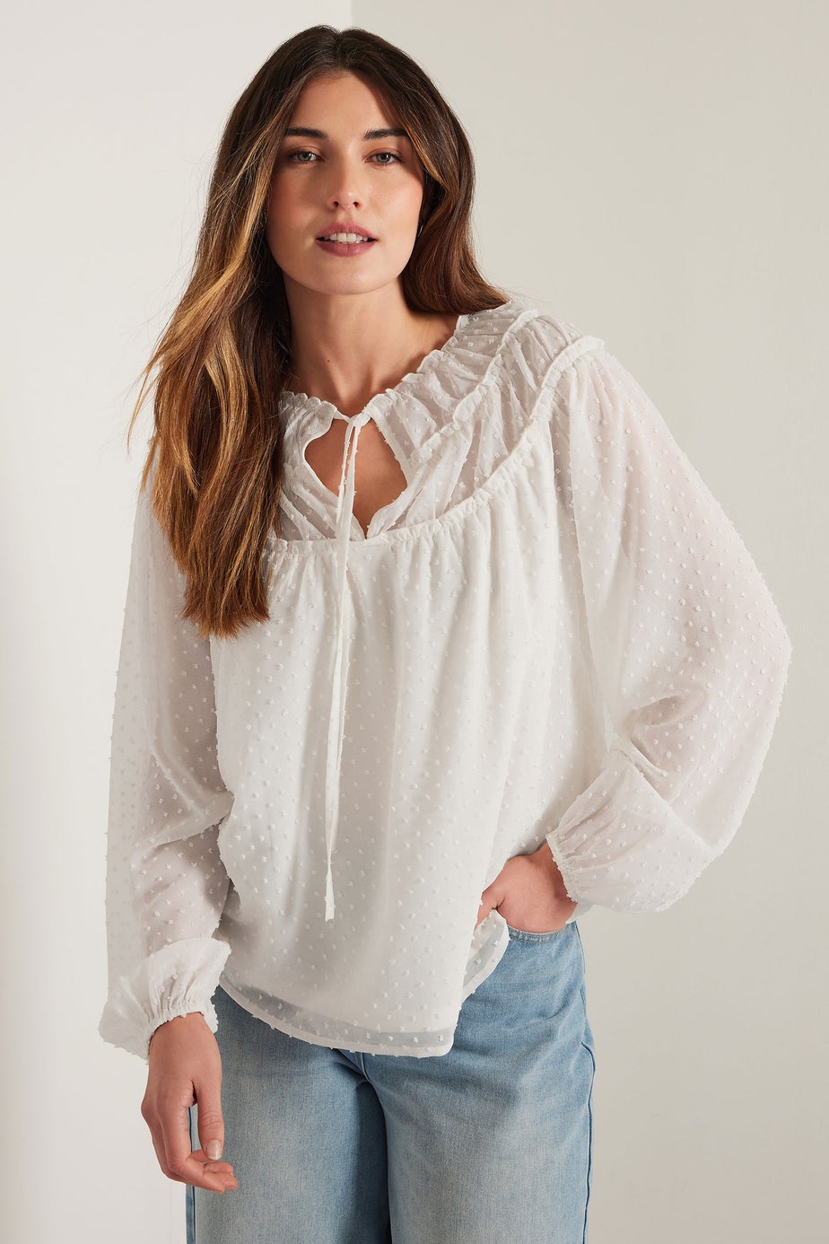 LTS Tall Ivory White Sheer Dobby Tie Neck Blouse