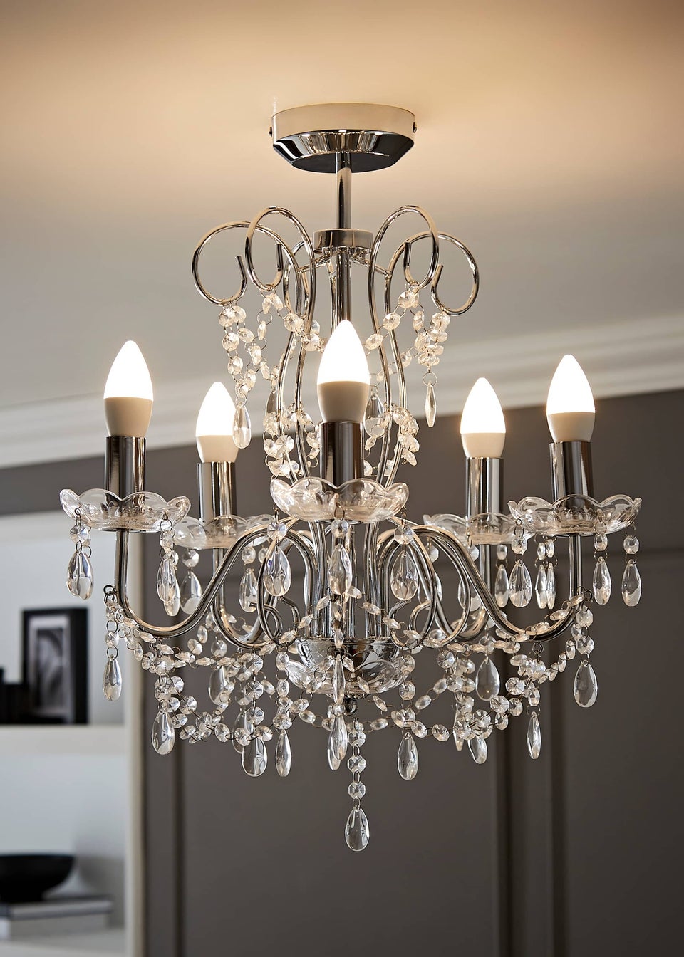 ValueLights Viscount 5 Way Chandelier Crystal Droplet Ceiling Light