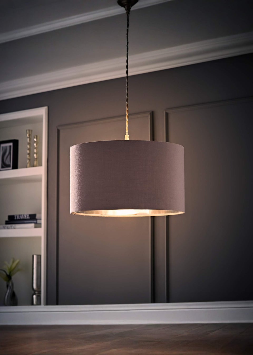 ValueLights Reni 35cm Easy Fit Lampshade Grey Fabric with Metallic Chrome Inner
