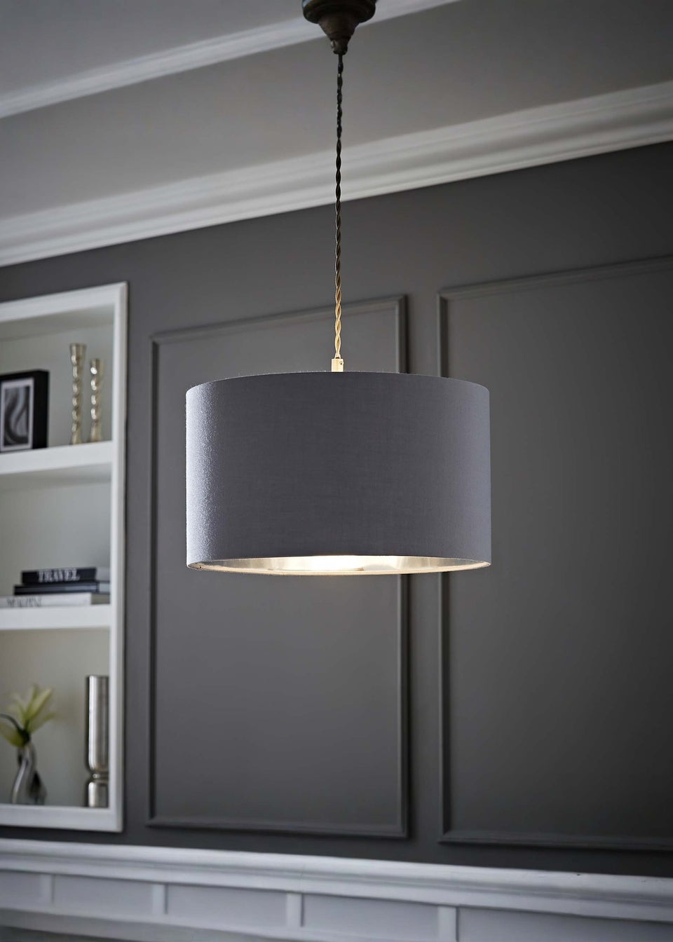 ValueLights Reni 35cm Easy Fit Lampshade Grey Fabric with Metallic Chrome Inner