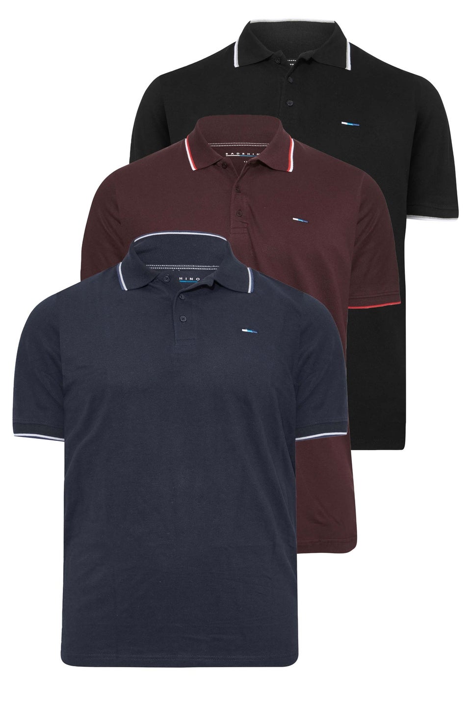 BadRhino Big & Tall Navy Blue/Black/Burgundy Red 3 Pack Tipped Polo Shirts