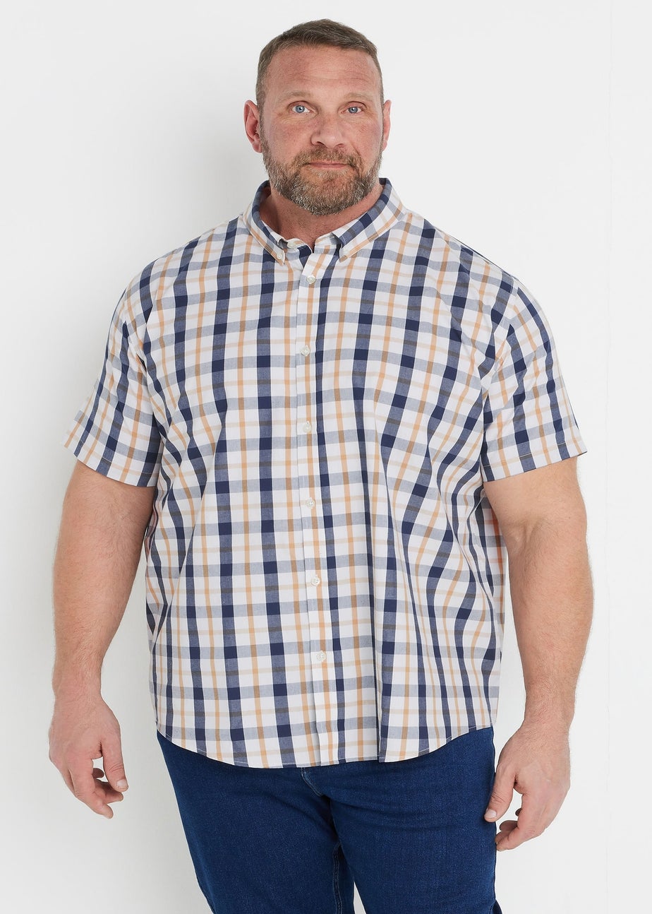BadRhino Navy Blue & Tan Brown Short Sleeve Check Shirt