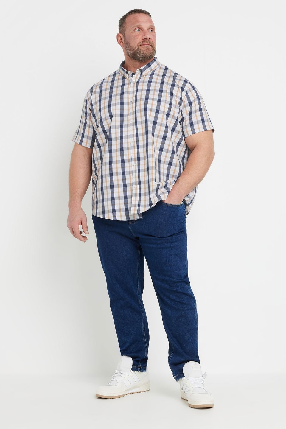 BadRhino Navy Blue & Tan Brown Short Sleeve Check Shirt