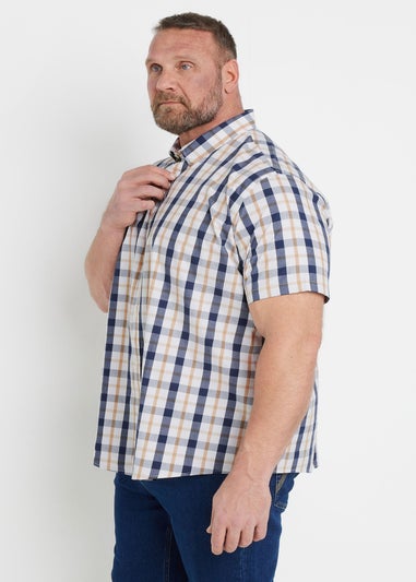 BadRhino Navy Blue & Tan Brown Short Sleeve Check Shirt