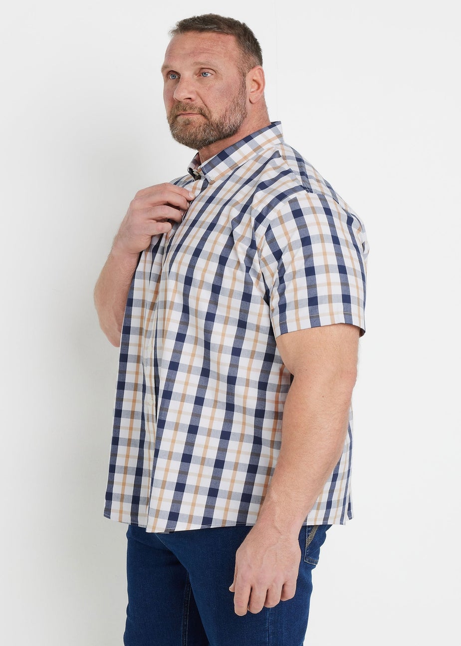 BadRhino Navy Blue & Tan Brown Short Sleeve Check Shirt