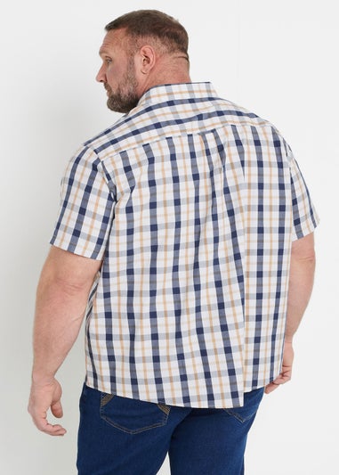 BadRhino Navy Blue & Tan Brown Short Sleeve Check Shirt