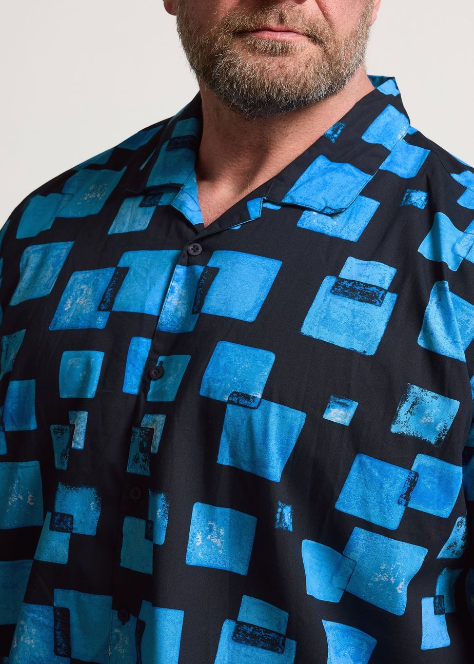 BadRhino Navy Blue Square Print Short Sleeve Revere Collar Shirt