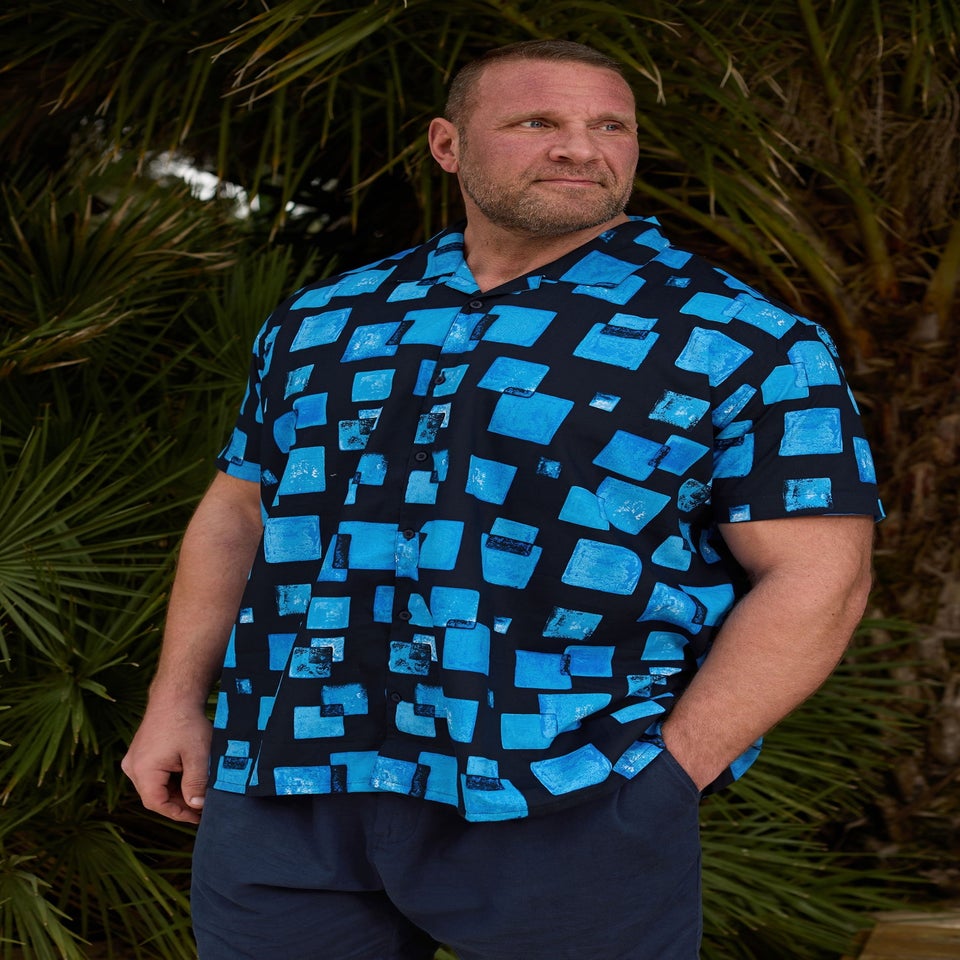 BadRhino Navy Blue Square Print Short Sleeve Revere Collar Shirt