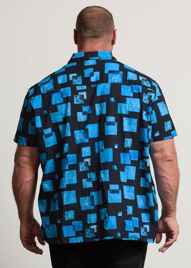 BadRhino Navy Blue Square Print Short Sleeve Revere Collar Shirt