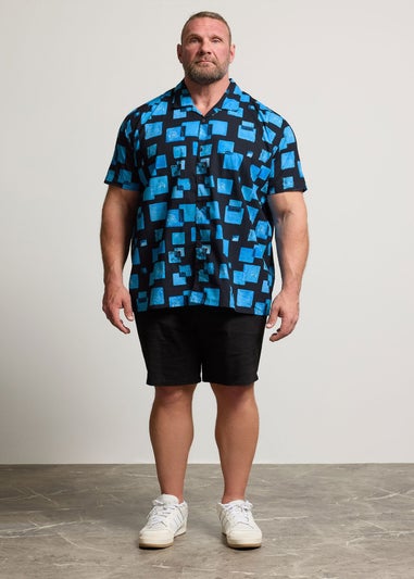 BadRhino Navy Blue Square Print Short Sleeve Revere Collar Shirt