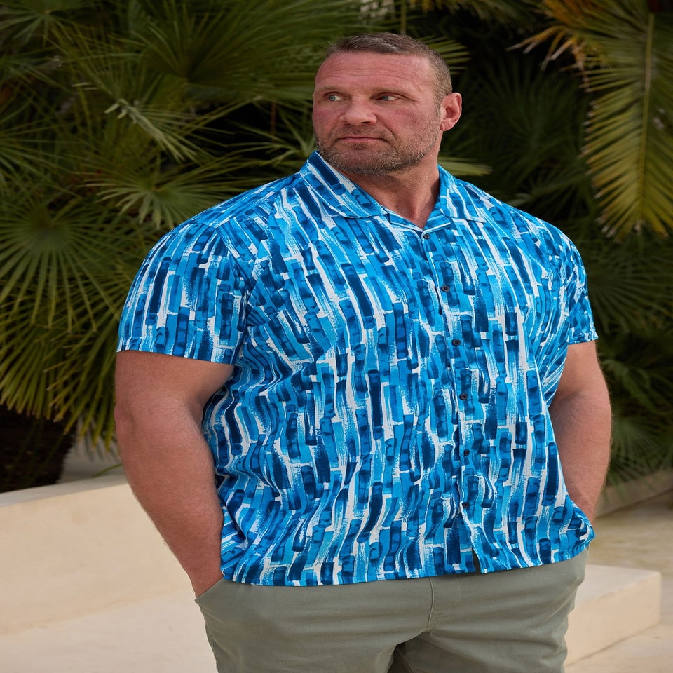 BadRhino Blue Abstract Print Short Sleeve Revere Collar Shirt