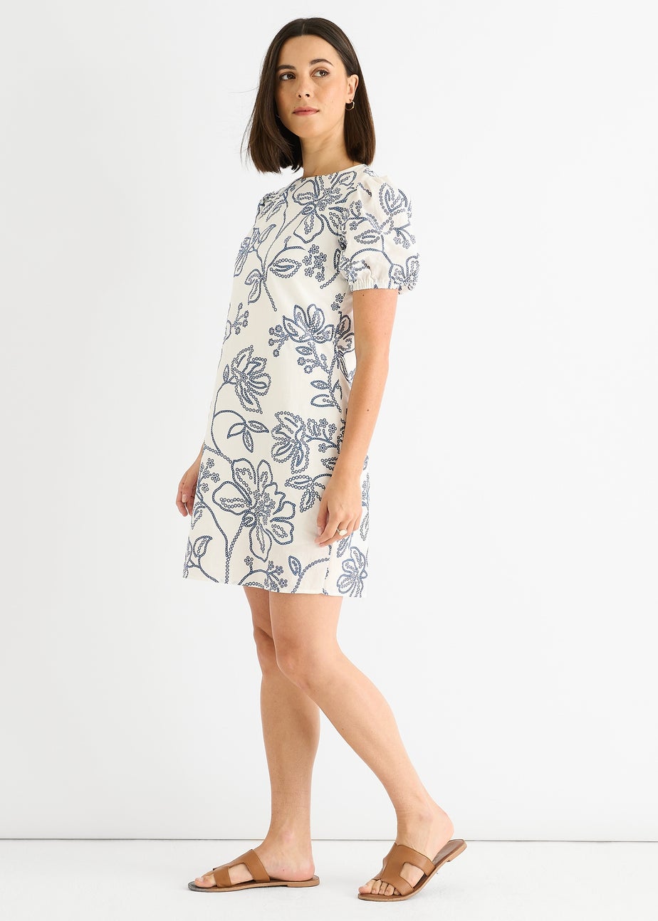 Gini London White Blue Floral Embroidered Mini Dress