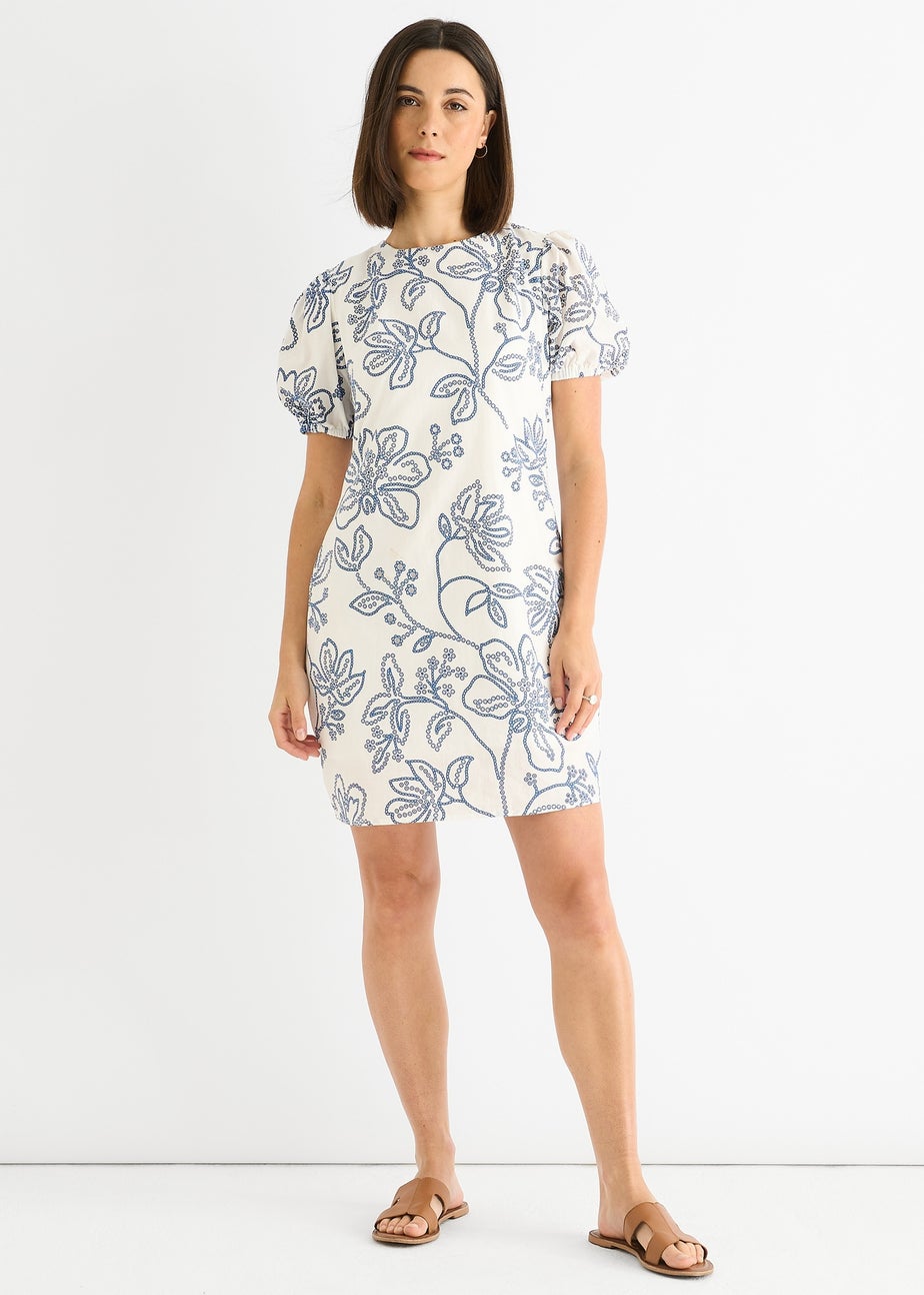 Gini London White Blue Floral Embroidered Mini Dress