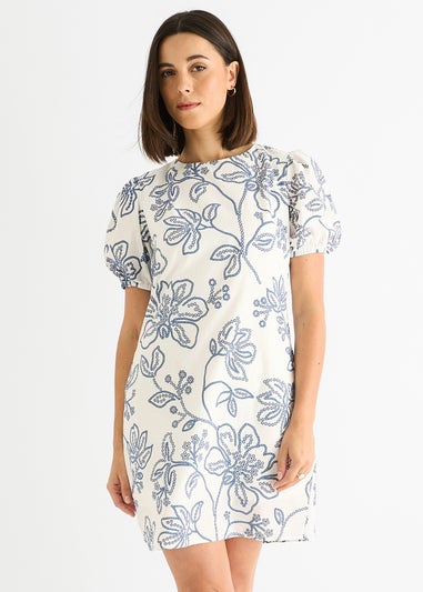 Gini London White Blue Floral Embroidered Mini Dress