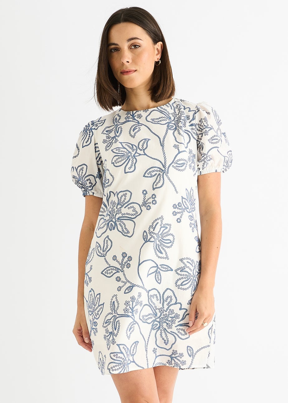 Gini London White Blue Floral Embroidered Mini Dress