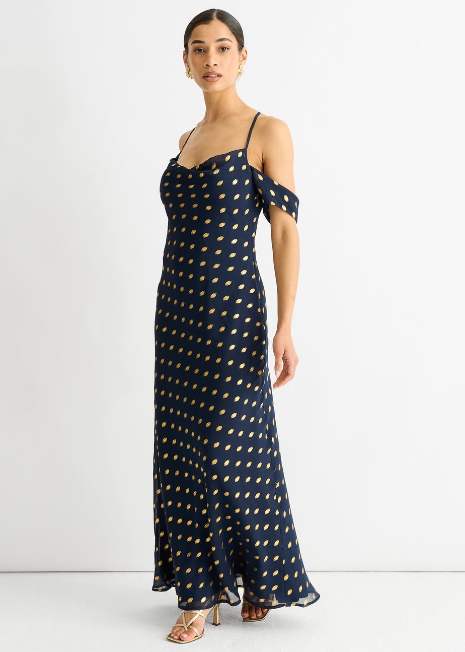 Gini London Navy Cowl Neck Drop Sleeves Foil Maxi Dress