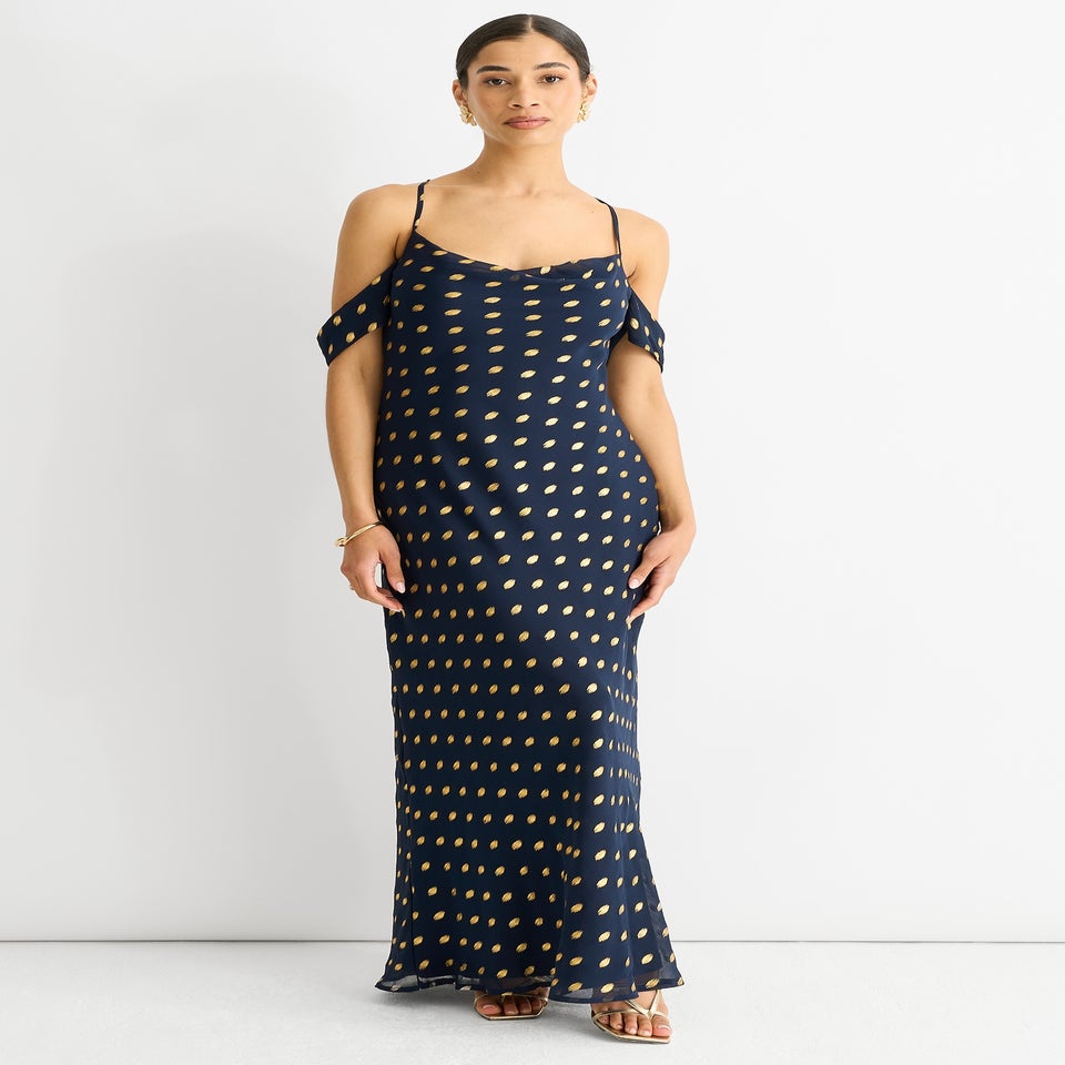 Gini London Navy Cowl Neck Drop Sleeves Foil Maxi Dress