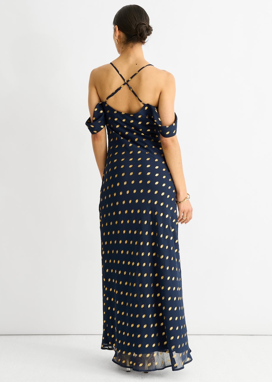 Gini London Navy Cowl Neck Drop Sleeves Foil Maxi Dress