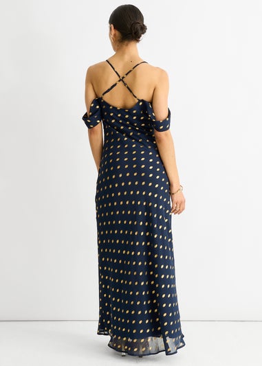 Gini London Navy Cowl Neck Drop Sleeves Foil Maxi Dress
