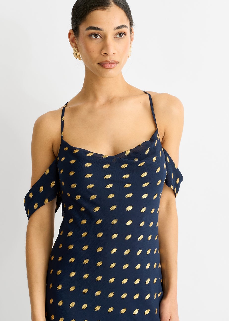 Gini London Navy Cowl Neck Drop Sleeves Foil Maxi Dress