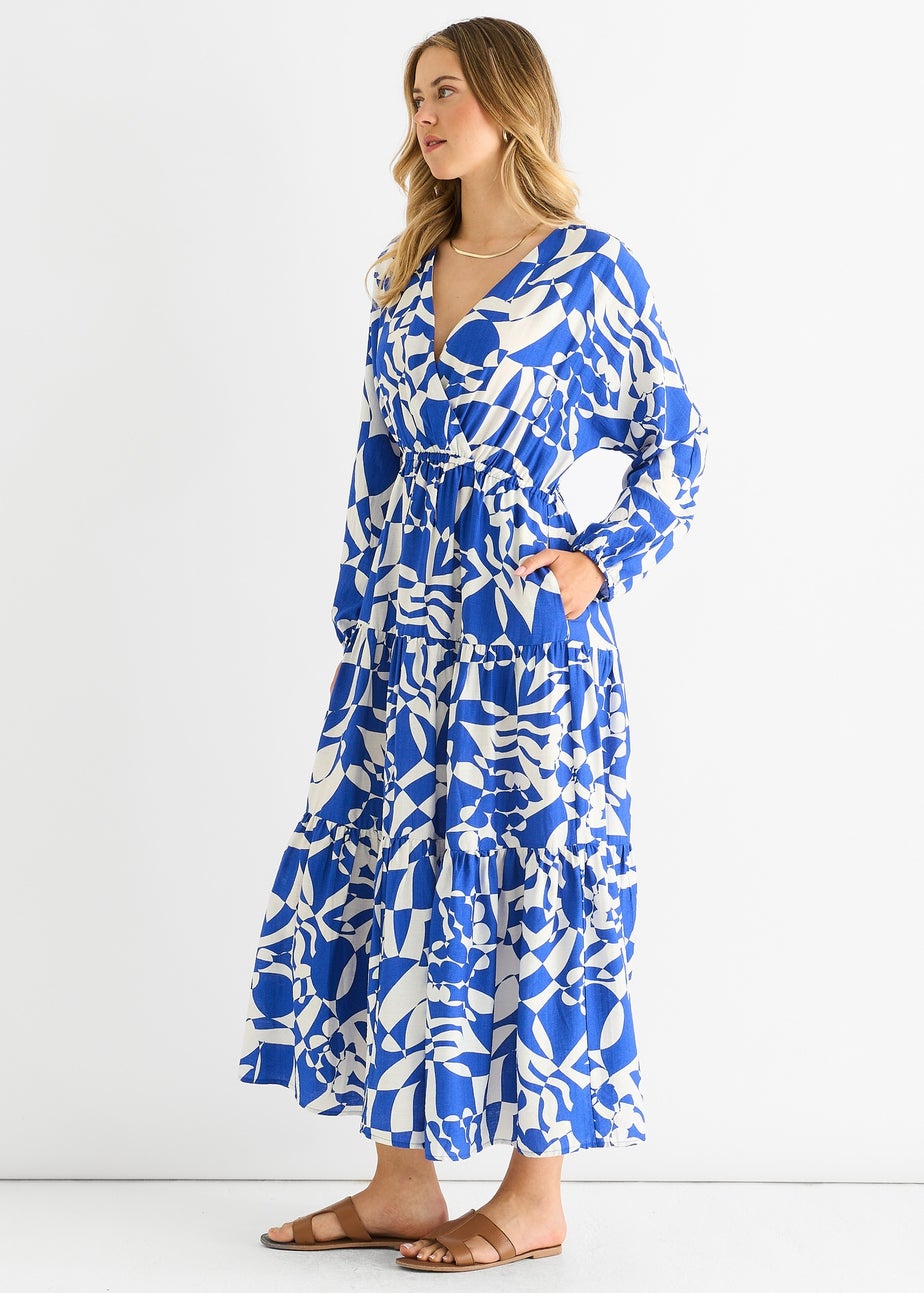 Gini London Blue Abstract Wrap Elasticated Waist Midaxi Dress