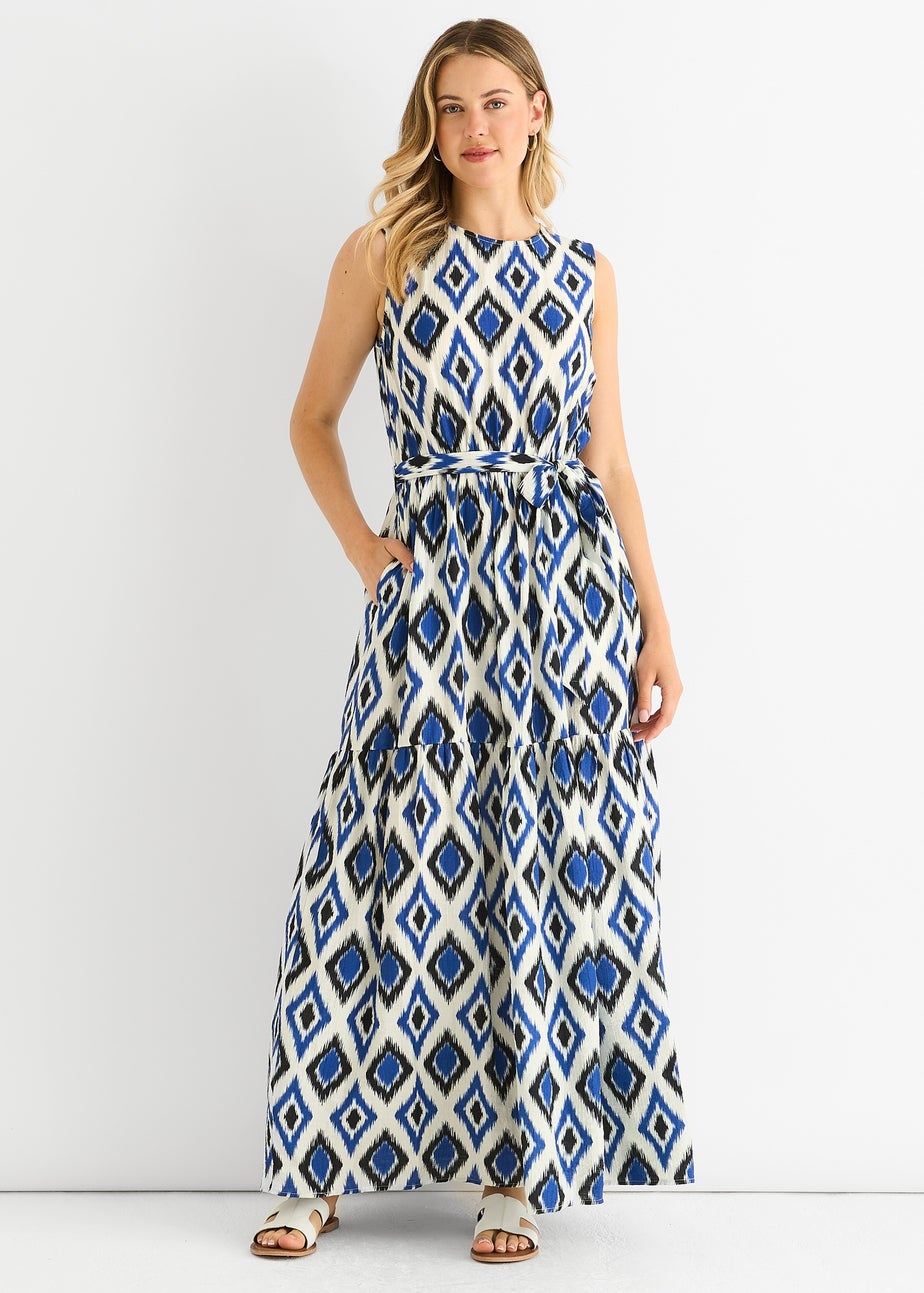Gini London Blue Geo Print Elasticated Waist Midaxi Dress