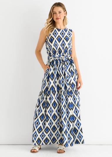 Gini London Blue Geo Print Elasticated Waist Midaxi Dress