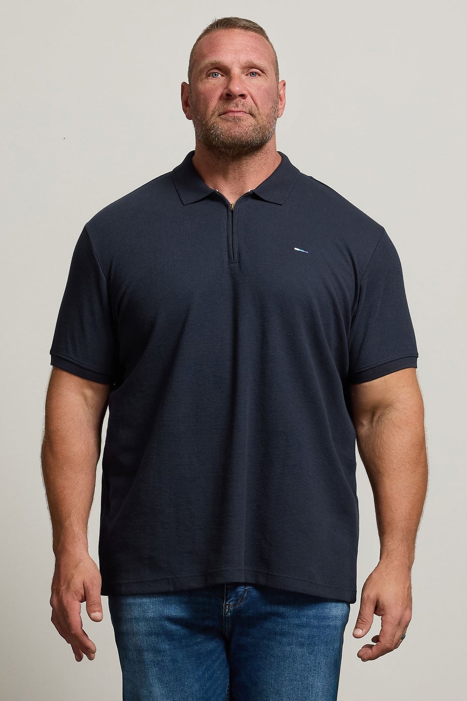 BadRhino Navy Blue Waffle Texture Zip Polo Shirt