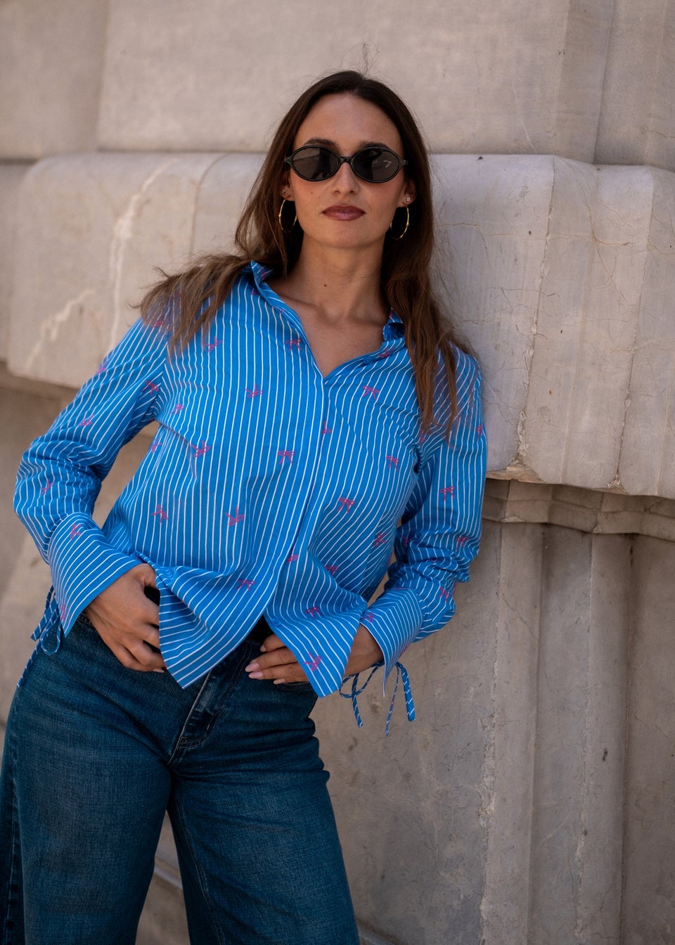 Gini London Blue Bow Embroidered Extreme Cuff Stripe Shirt