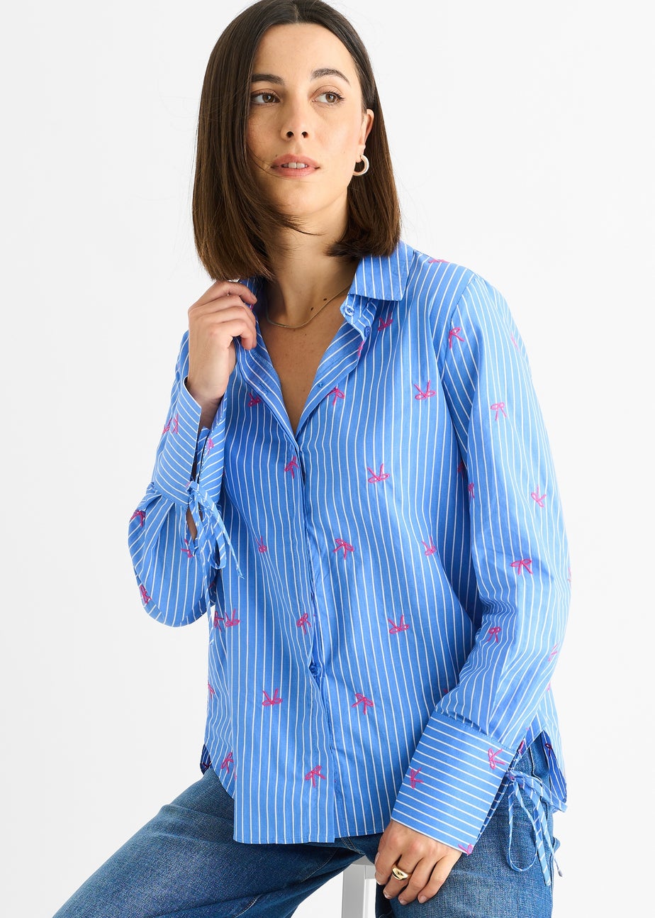 Gini London Blue Bow Embroidered Extreme Cuff Stripe Shirt
