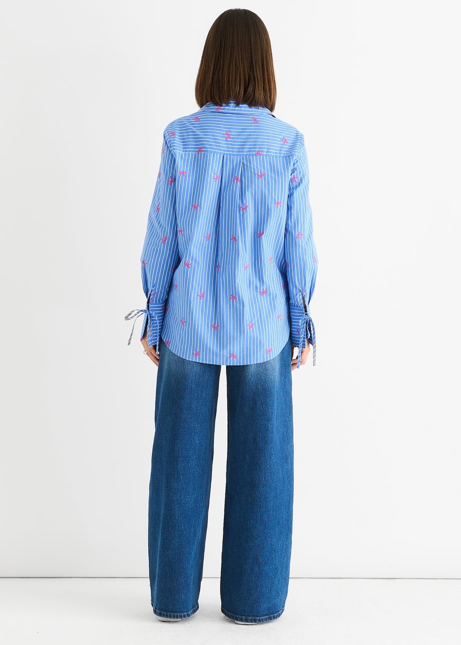 Gini London Blue Bow Embroidered Extreme Cuff Stripe Shirt