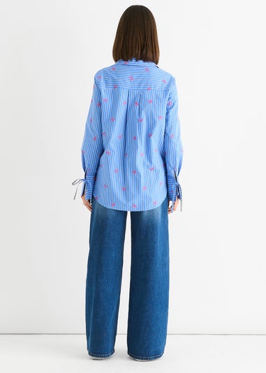 Gini London Blue Bow Embroidered Extreme Cuff Stripe Shirt