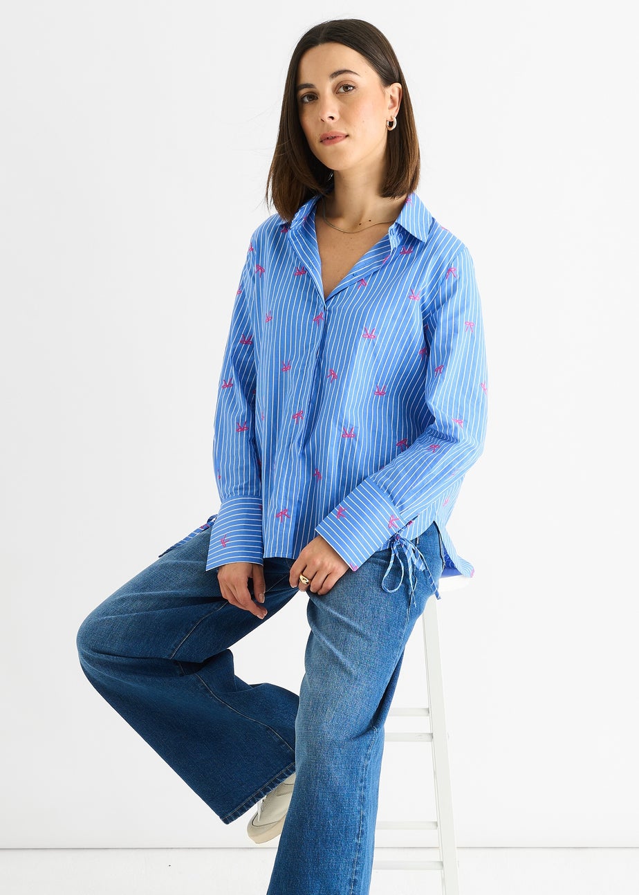 Gini London Blue Bow Embroidered Extreme Cuff Stripe Shirt