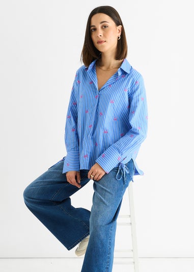 Gini London Blue Bow Embroidered Extreme Cuff Stripe Shirt