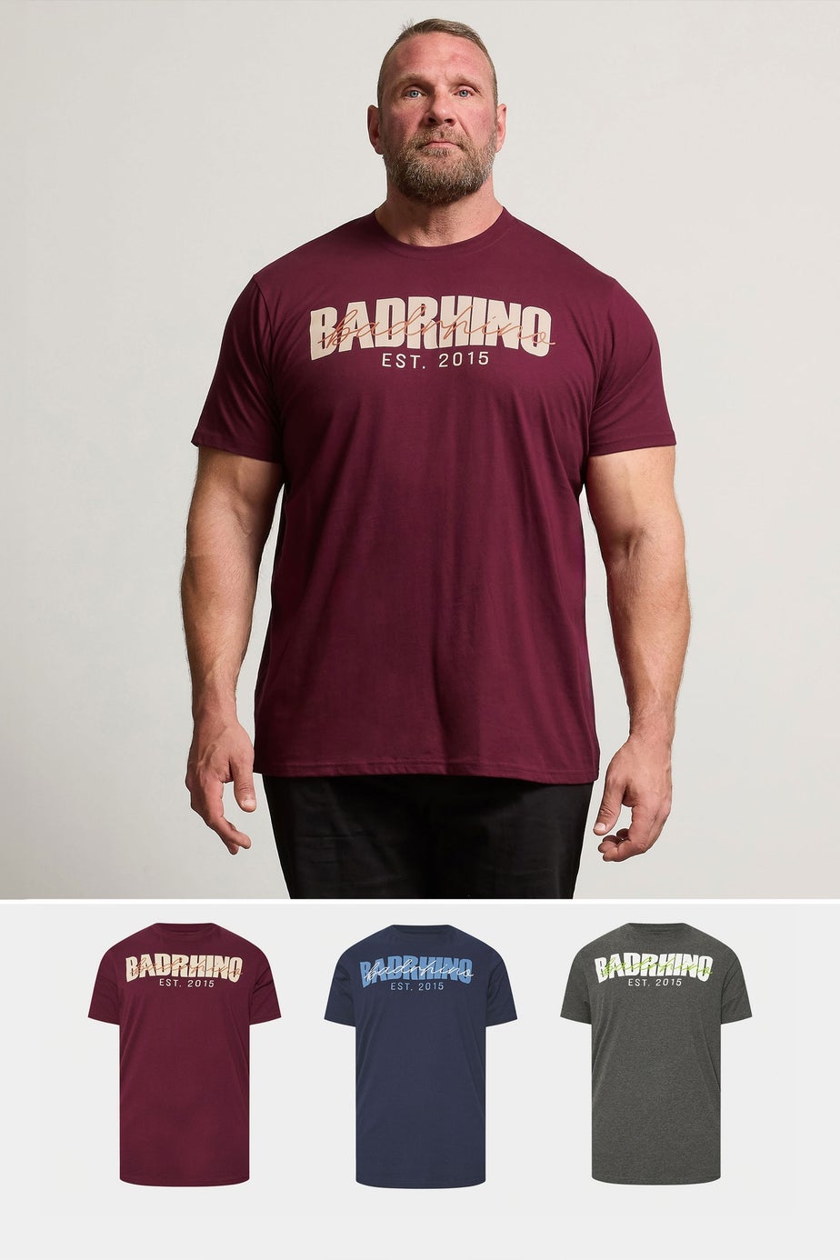 BadRhino 3 Pack Burgundy Red & Navy Blue Scripted T-Shirts