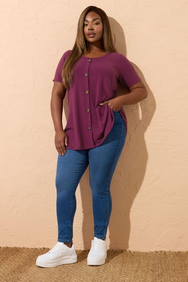 Yours Curve Purple Button Front Ribbed Swing Top