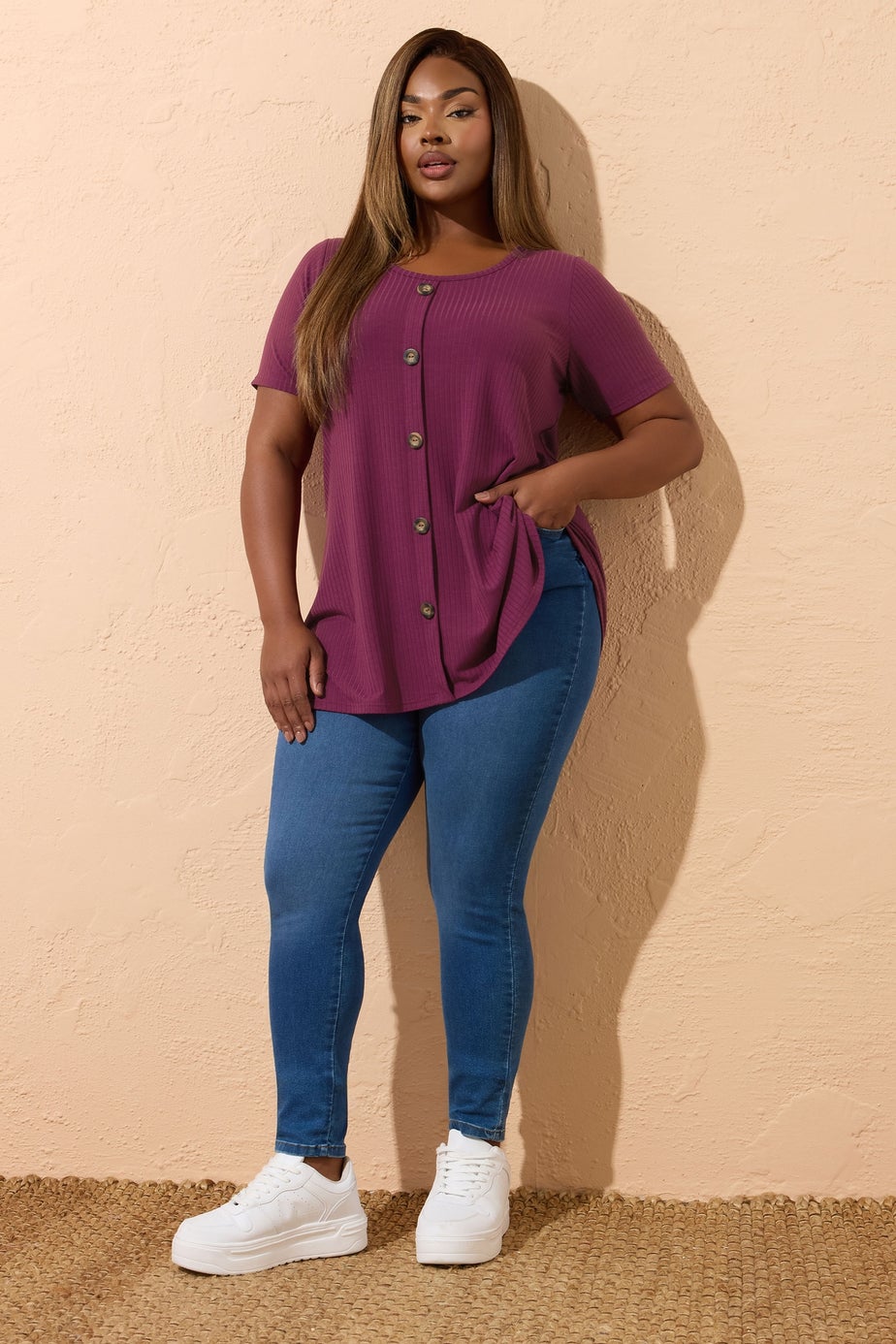 Yours Curve Purple Button Front Ribbed Swing Top