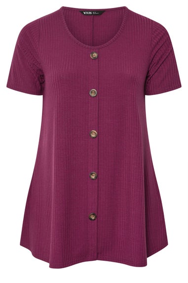 Yours Curve Purple Button Front Ribbed Swing Top