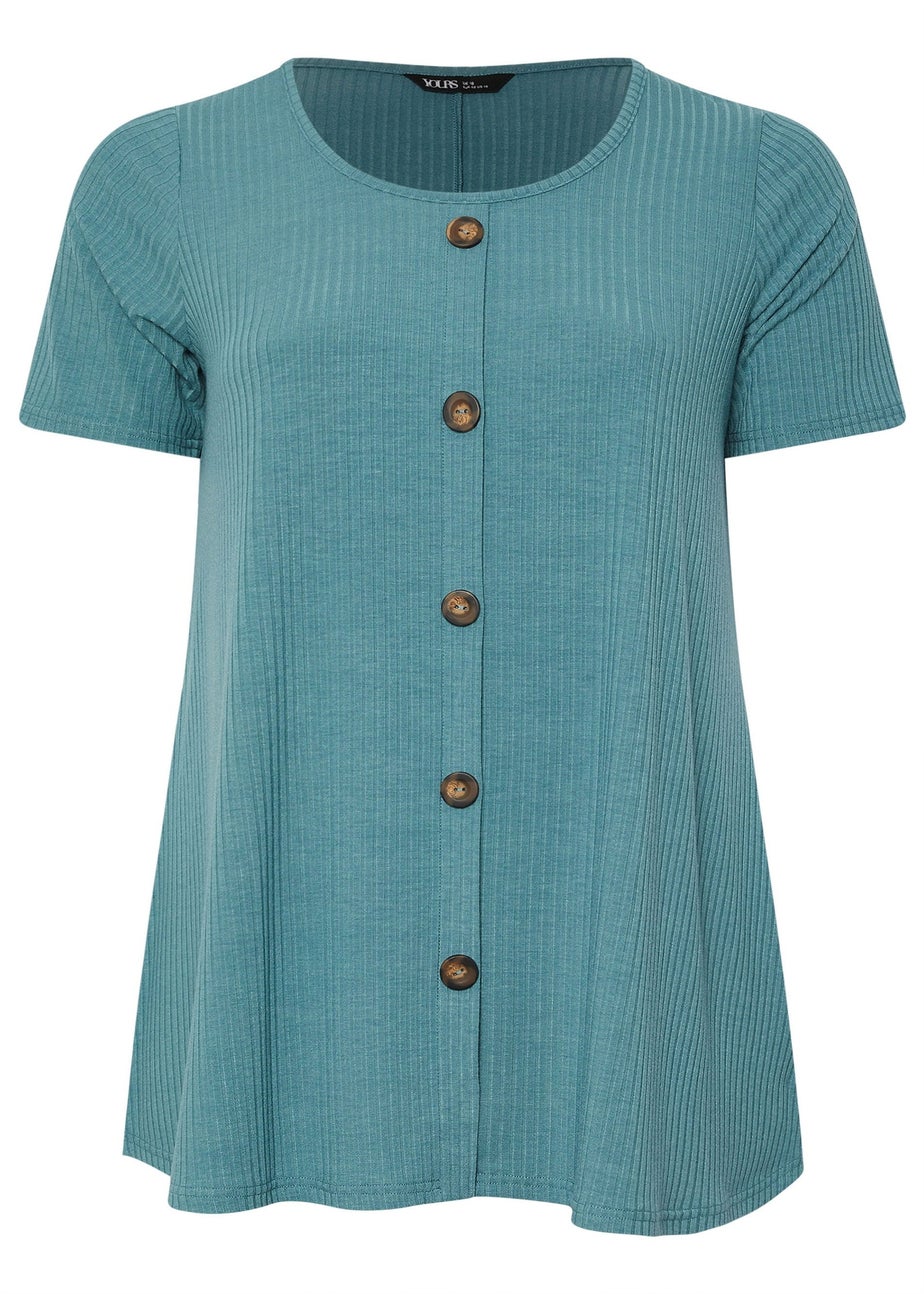 Yours Curve Teal Blue Button Front Ribbed Swing Top