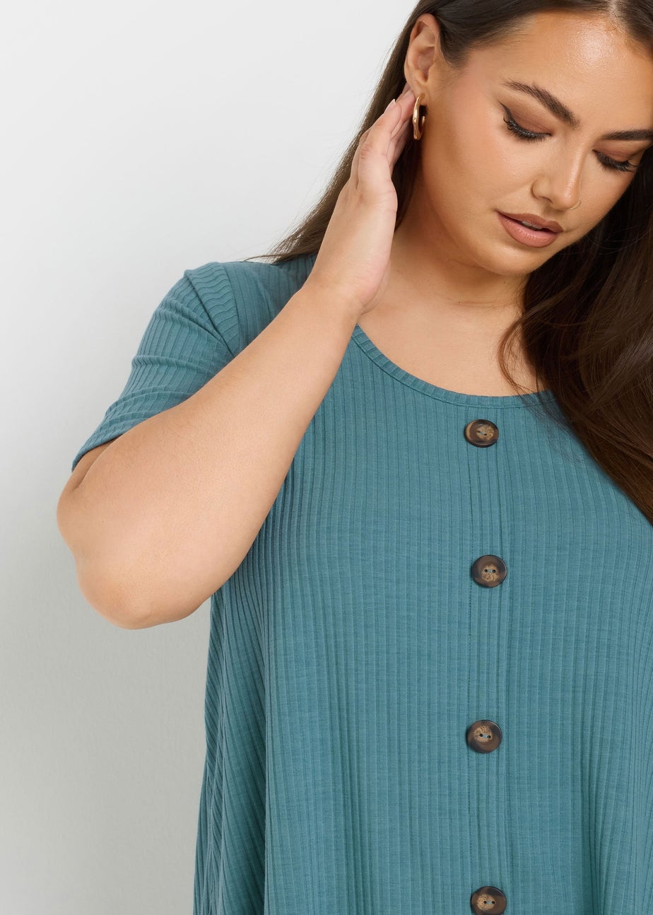Yours Curve Teal Blue Button Front Ribbed Swing Top