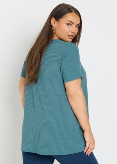 Yours Curve Teal Blue Button Front Ribbed Swing Top