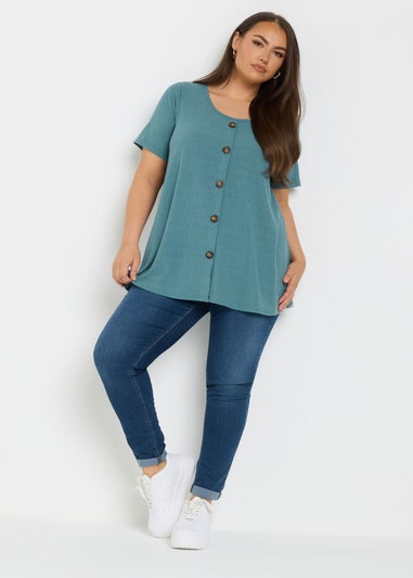 Yours Curve Teal Blue Button Front Ribbed Swing Top