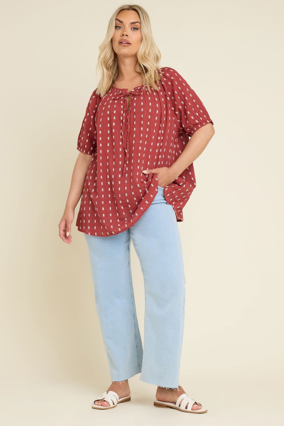 Yours Curve Rust Orange Dobby Tie Neck Top