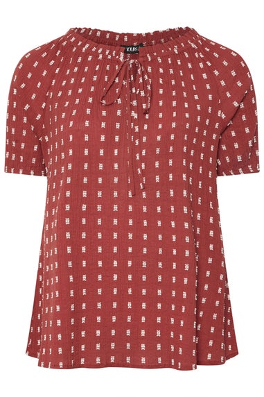 Yours Curve Rust Orange Dobby Tie Neck Top