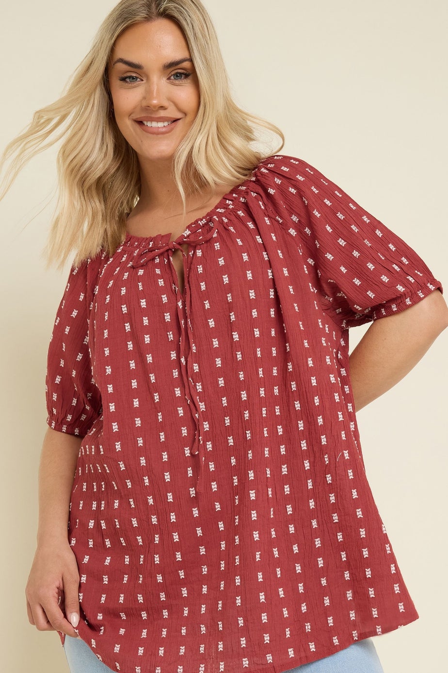 Yours Curve Rust Orange Dobby Tie Neck Top