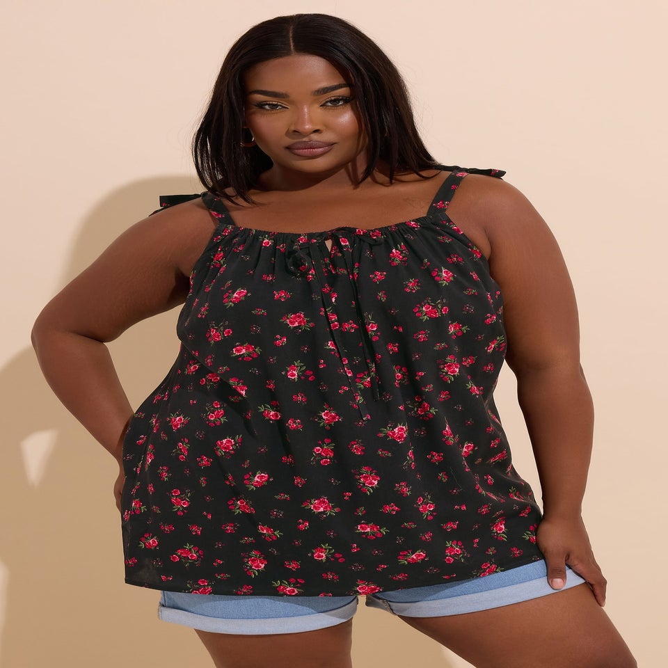 Yours Curve Black Floral Tie Front Cami Top