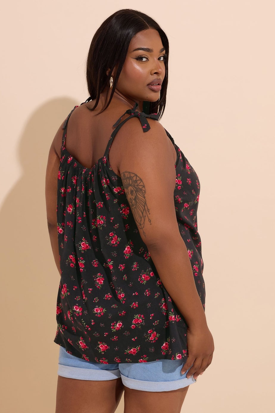 Yours Curve Black Floral Tie Front Cami Top