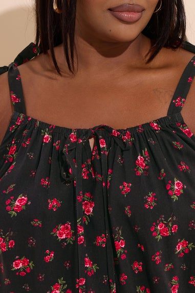 Yours Curve Black Floral Tie Front Cami Top